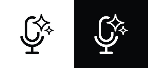 Collection of AI voice icons in minimalist line style, microphone with sparkle stars, symbols for speech recognition, transcription and assistants for calls and podcasts. Vector illustration.