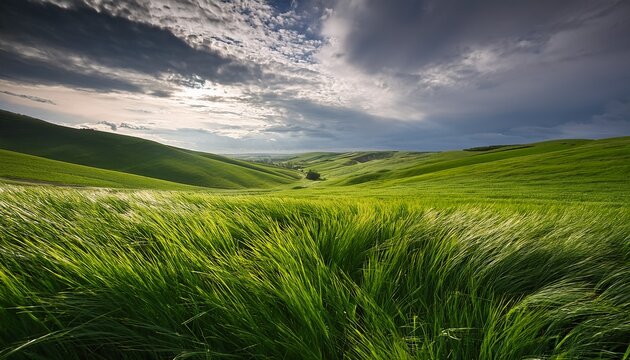 lush tall green grass gently undulating in a windy field under a cloudy overcast sky creating a serene and peaceful natural landscape
