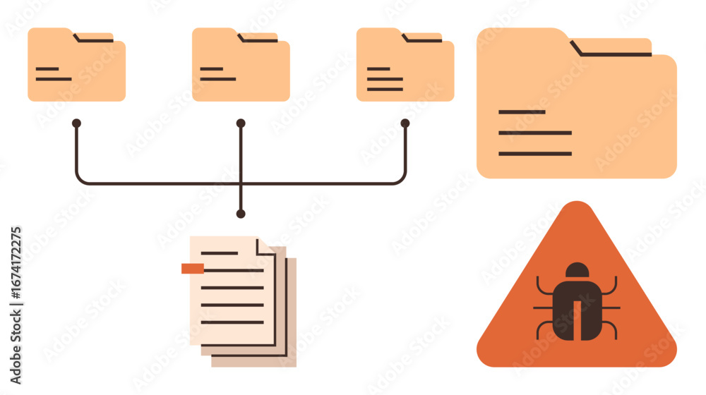 Poster computer folders connected via lines, stack of documents, and warning icon with a bug highlight cybe