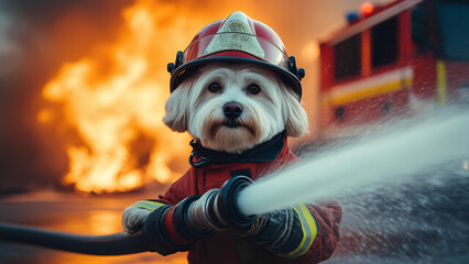 A dog in a helmet and firefighter's suit extinguishes a fire with a water pressure hose.