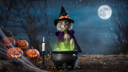 a gray cat in a witch costume brews a witch's potion in a clearing on Halloween night