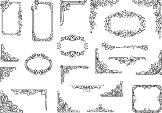 Elegant vintage floral corner frames and decorative border elements with intricate line art, perfect for invitations, certificates, and classic design projects.