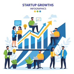 Business professionals collaborating and working on laptops, illustrating startup growth with a rising bar chart and upward arrow.