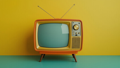 Vintage retro television set with antenna, colorful minimalist background, nostalgic 70s 80s 90s style, classic home entertainment and old media concept