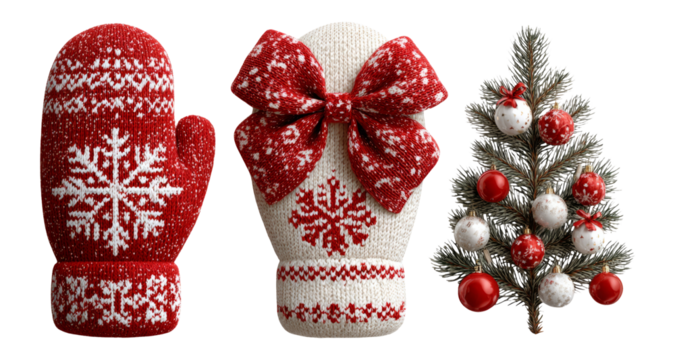 Decorative Christmas Mittens and Tree on Transparent Background