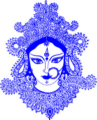 Hindu Goddess Durga Face royal blue color. Transparent background png file. 	