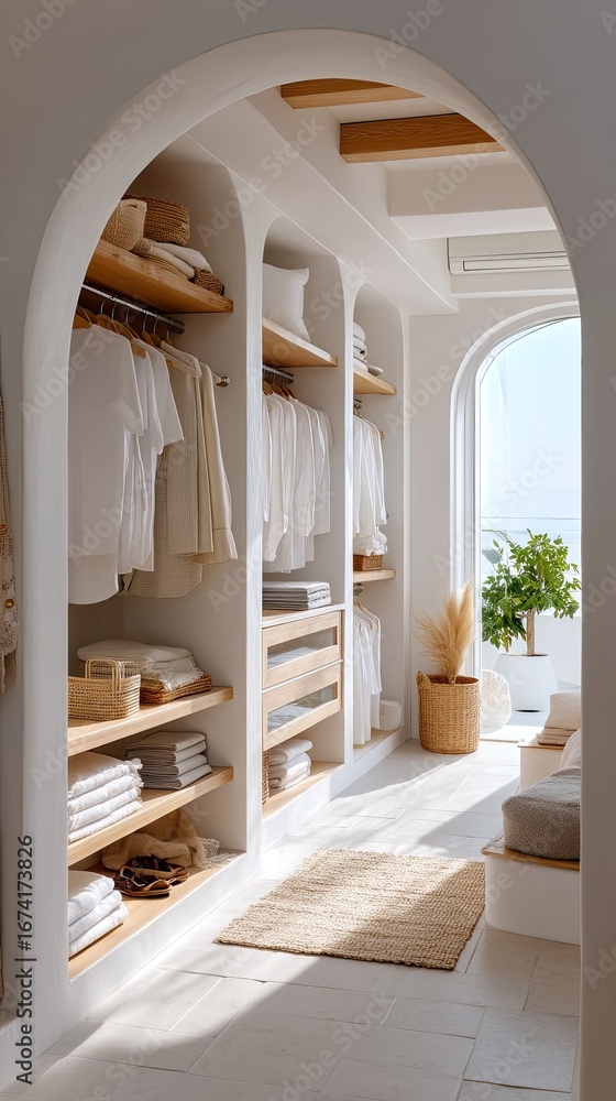 Poster neatly arranged wardrobe space features light-colored fabrics and natural materials, creating a calm
