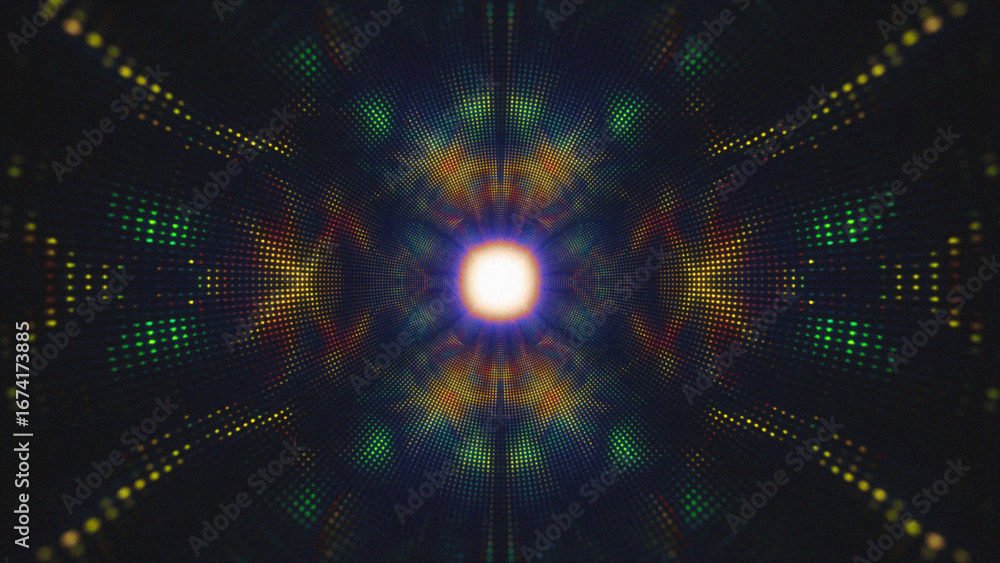 Poster video animation of a tunnel with colorful particles moving against a dark background
