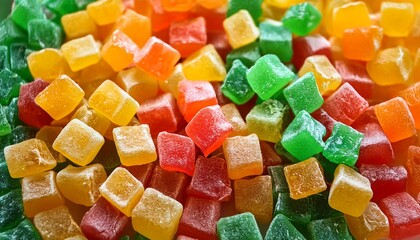 a colorful assortment of small cubed candied fruits in vibrant shades of green red yellow and orange