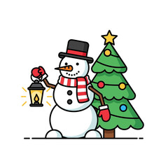 Festive Snowman with Lantern and Christmas Tree