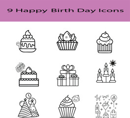 Collection of nine simple birthday icons on a black background