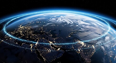 Vectore illustration of global network of glowing blue lights encircling the earth at night, representing connectivity and data transfer