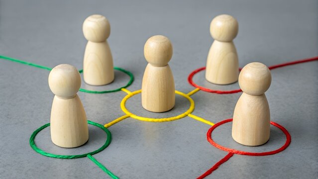 Network Mapping – Team Structure and Interaction Symbolism, Communication, Conceptual, Workflow, Abstract, Figurine and Colored Circle Scene