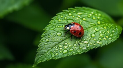 Fototapeta premium Close-up of a vibrant ladybug resting on a green leaf with water droplets in nature