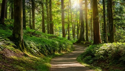 Obraz premium lush green forest with a winding path dappled sunlight creating a magical atmosphere