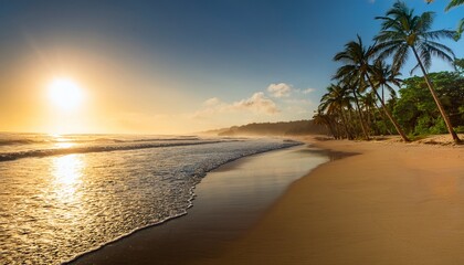 palm trees line a sandy beach at sunrise with golden sunlight reflecting off gentle ocean waves
