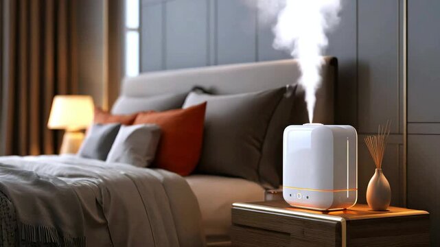 A humidifier creates steam on bedside table in a modern bedroom with a large bed. Modern gadgets for comfortable sleep and rest concept