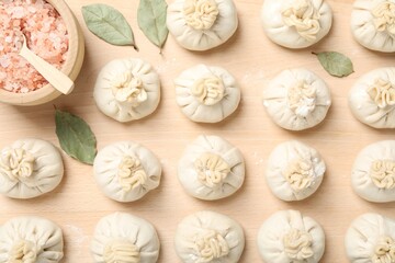 Uncooked khinkalis (dumplings) and spices on wooden table, flat lay
