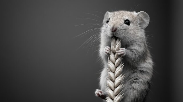 Cute Little Mouse Holding a Piece of Wheat in Black and White Photography