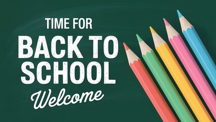 Time for back to school message with colorful pencils on a chalkboard, welcoming students to a new academic year