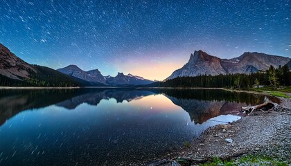 stunning night sky over mountainous landscape with reflective lake