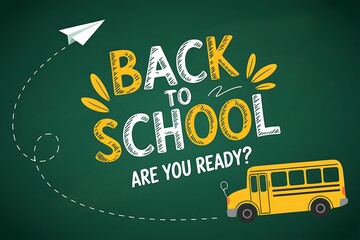 Back to school concept with a yellow school bus and a paper airplane flying over a green chalkboard with text that says back to school are you ready