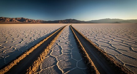 Fototapeta premium Tracks Lead Across Dry Cracked Desert Landscape