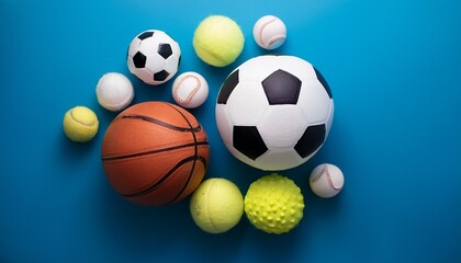 variety of sports balls arranged on blue surface with circular layout for creativity and design purposes