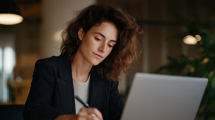 Focused Businesswoman Writing Notes While Working on Laptop in Modern Office