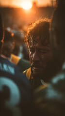 Naklejka premium Intense Final Whistle Jubilation Scene Among Rugby Players Celebrating Victory at Sunset