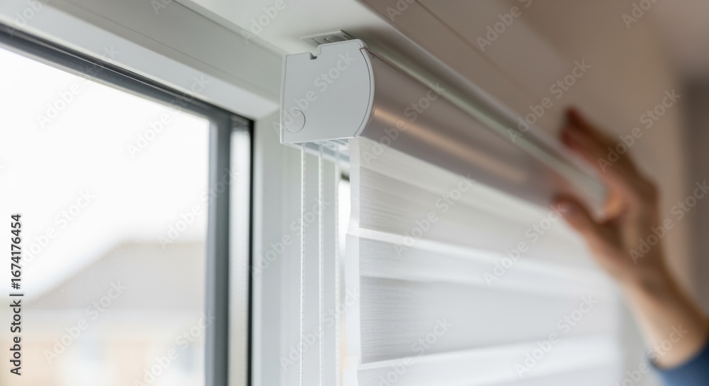 Poster side angle of cordless blind installation inside window frame highlighting smooth mechanism and clea