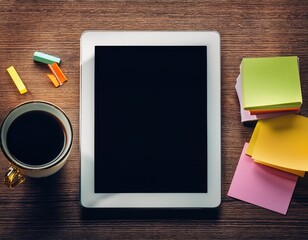 modern digital tablet workspace with coffee and sticky notes