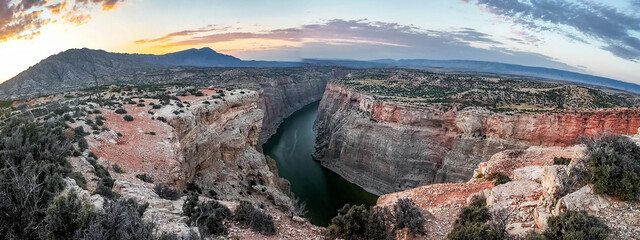 Panoramic Bighorn Canyon River Bend at Golden Sunrise