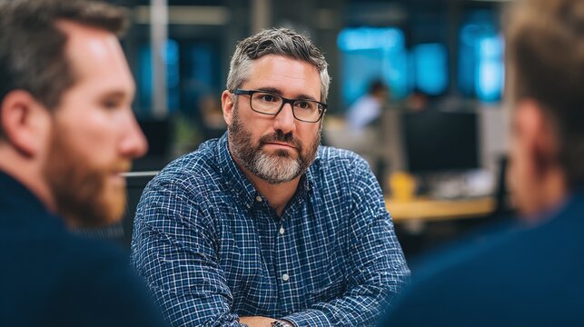 Focused professional in a meeting, wearing glasses and a checkered shirt, listening attentively to colleagues in a modern office setting.