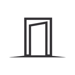 Stylized dark grey doorway with angled opening on white background entrance exit