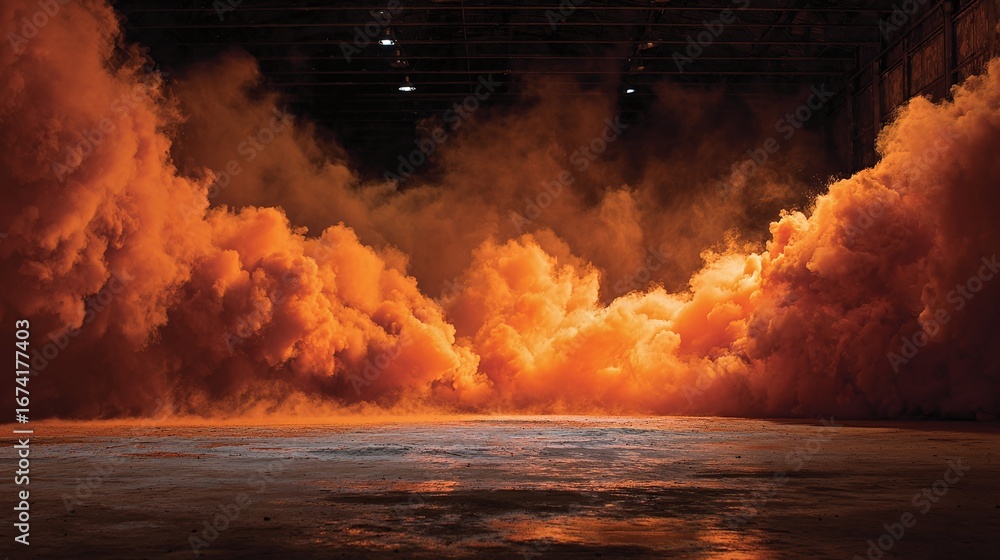 Poster Abstract view of orange clouds filling a vast, dark space, creating a surreal and captivating visual effect.