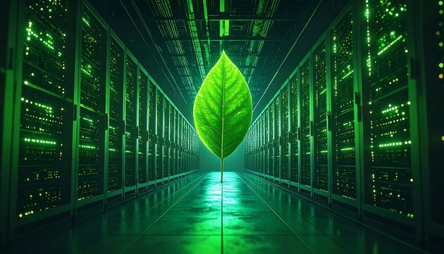 Green leaf in a server room