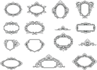 Set of vintage ornate frames and borders, decorative hand-drawn floral design elements, elegant classical style vector collection for invitations and labels.
