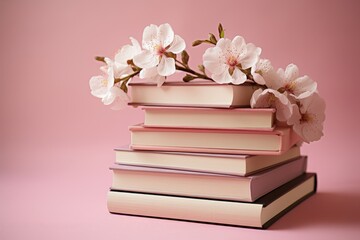 Delicate white flowers adorn stacked pastel books on a soft pink surface for a charming aesthetic