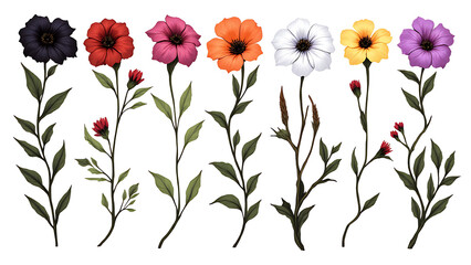 Elegant watercolor floral bouquet illustration featuring black, red, pink, white, orange, yellow, and purple flowers with lush green leaves, artistic floral frames, decorative borders, seamless 4K