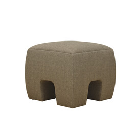 Modern upholstered footstool in taupe fabric isolated on white background + clipping path. Furniture, interior object.