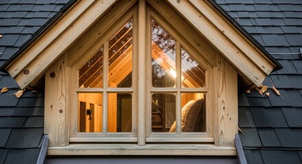Attic window in a house roof during golden hour with warm interior glow