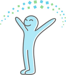 Vector illustration with cartoon happy smiling little man human person keeping hands up with particles pixels made in square forms of different size rotation made in blue green colors