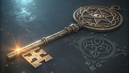 Mystical key with intricate symbols and ornate design on textured background