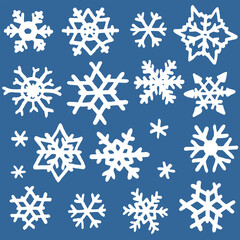Vector illustration set of different shapes freehand drawn cartoon winter snowflakes made in kid childish style