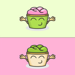 Vector illustration with two variations of funny smiling vegan vegetarian yogurt with face and hands.