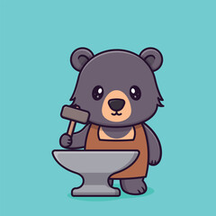 Blacksmith Sun Bear with a Hammer and Anvil Adorable Cartoon Mascot Character Ready to Forge and Work Metal