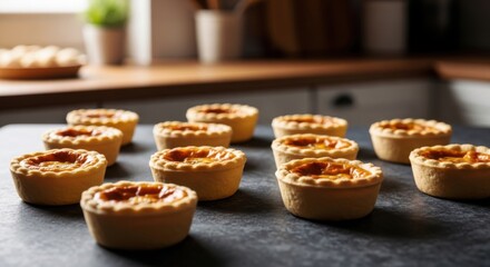 Fresh Baked Pastry Tarts with Jam on Dark Slate Surface in Modern Kitchen