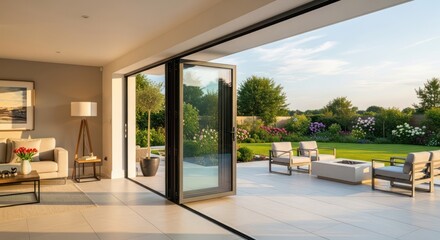 Modern home with indoor outdoor living and manicured garden view