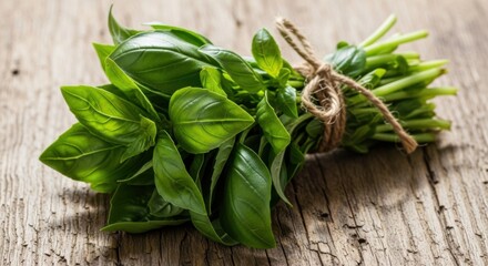 Fresh Green Basil Herb Bundle Tied with Twine on Rustic Wooden Surface
